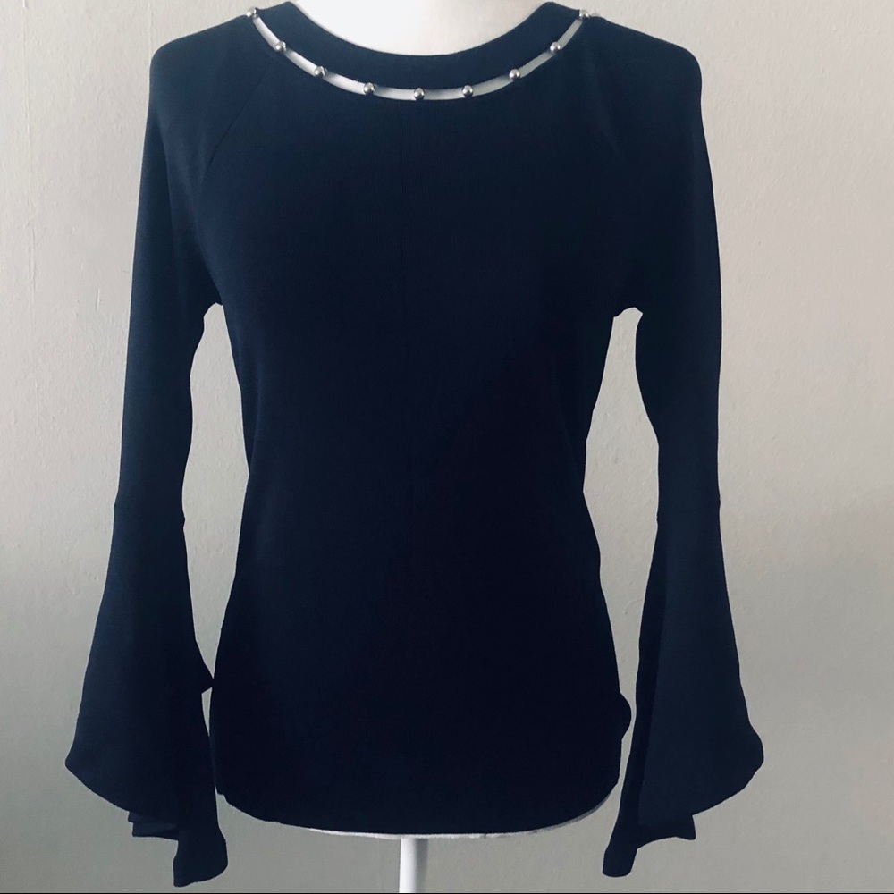 Inc sz s black bell sleeve top w embellishments